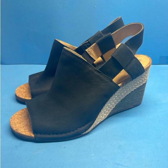 Clarks Navy Leather Cork Wedge Sandals Sz 6.5 Soft Cushion Slingback EU 37 - Picture 1 of 10
